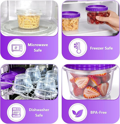 Slomg 10 Pack 16 oz Freezer Storage Containers with Purple Twist Top Lids, Small Plastic Food Storage Soup Meal Prep Containers, Leakproof Overnight Quart Containers for Lunch Leftover Fruit Salad Oat
