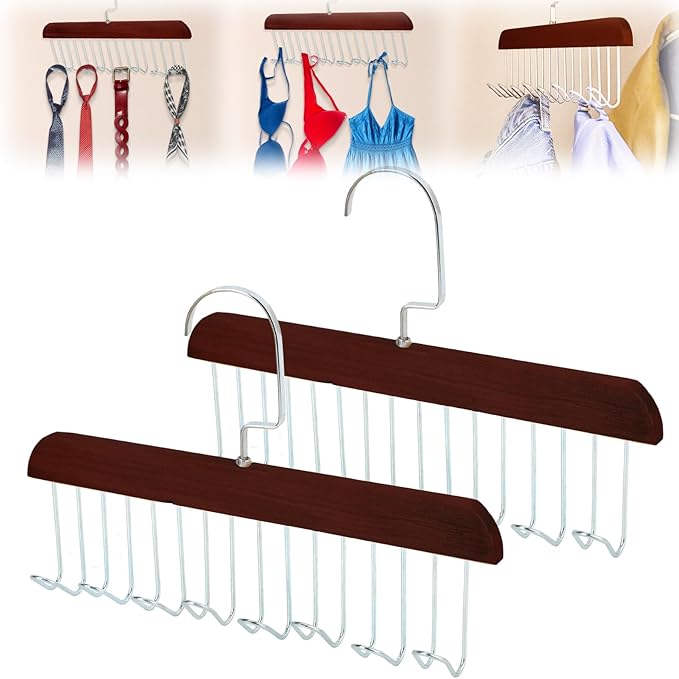 Xbaiyanr 2Pcs Anti Slip Multi Hook Coat Racks,Bra Hangers for Closet Organizer with 8 Hooks 360 °Swivel Belt Hanger for Closet for Belt, Tie, Tank Top, Bra, Scarf (Brown)