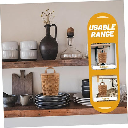 Natural Wood Woven Hanging Basket Organizer for Kitchen and Bathroom Storage Wall Mounted Storage Bin for Items Makeup Utensils Multi Purpose Decor and Planter Carbonized Finish