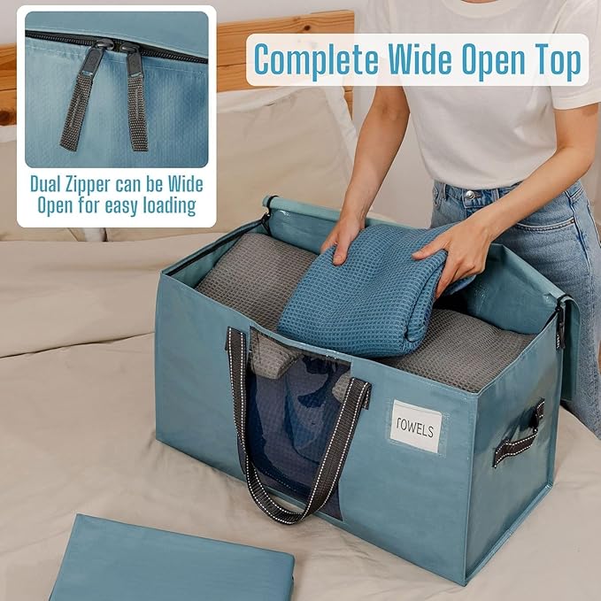 VENO 2 Pack Moving Bags, Christmas Storage Bins, Moving Boxes Alternative, Comforter and Blanket Storage Bags, College Dorm Packing Supplies, Foldable Heavy-Duty Tote (Shiny Light Blue, 2 Pack)