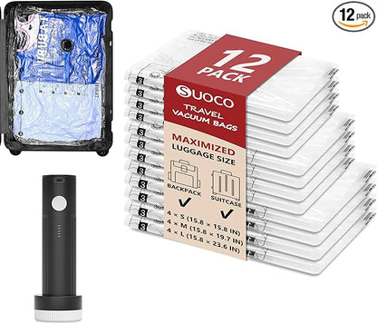 Travel Vacuum Bags for Clothing with Rechargeable Electric Pump, 12 Pack Compression Packing Cubes Organizer Storage for Luggage Suitcase, Space Saver Seal Bags for Vacation Cruise
