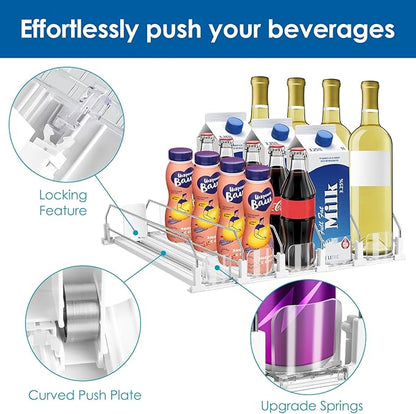 Drink Organizer for Fridge, Adjustable Width Soda Can Dispenser for Refrigerator Organizers and Storage, 5 Rows Beer Bottle Beverage Holder with Pusher Glide (16.54" L, White)