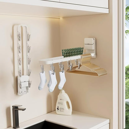 2 Pack Wall Mounted Suction Cup Clothes Drying Rack with 20 Clips, Portable & Collapsible Sock Hanger for Drying Socks, Bras, Underwear, Baby Clothes,Towels