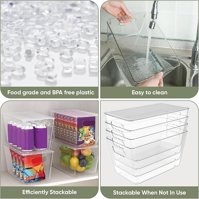 BALEINE Clear Stackable Storage Bins with Lids, Plastic Containers with Handle for Pantry Organizers and Storage, Plastic Bins for Fridge, Kitchen, Bathroom, Cabinet (13x7.4x7, 6PK)