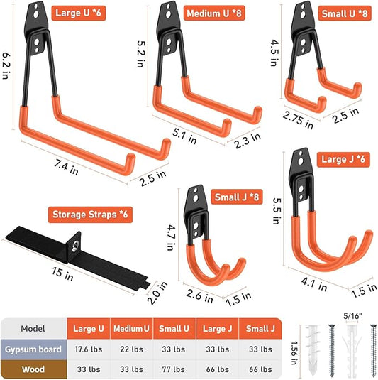 42 Pack Garage Hooks Heavy Duty, Rust-Resistant Solid Steel Wall Mount Hangers for Hanging Ladders & Bikes, Non-Slip PVC Coating Tool Organizer, 5 Sizes U & J Shapes + 6 Straps