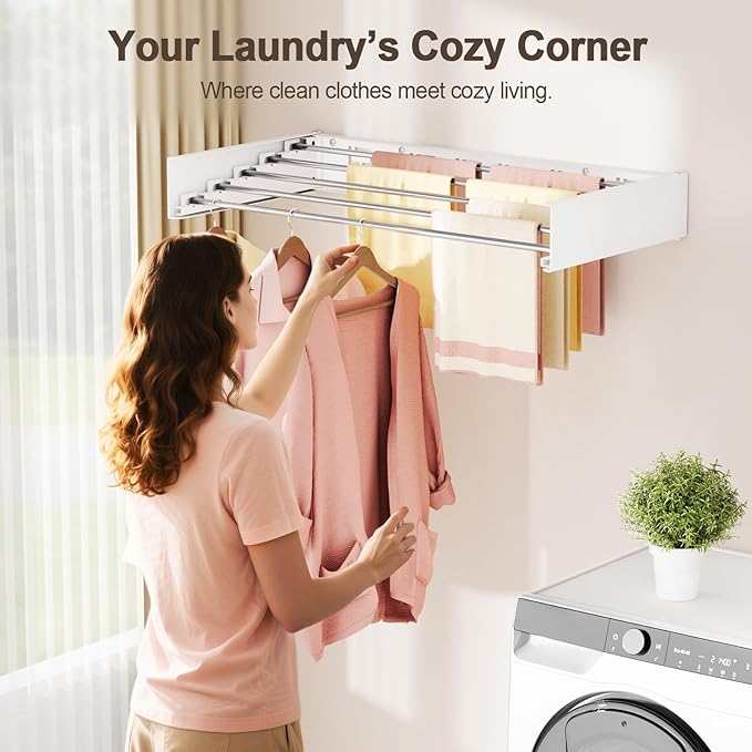 Wall Mounted Clothes Drying Rack Folding Indoor, Foldable Laundry Drying Rack Collapsible,Invisible, Space Saving, Retractable Towel Drying Rack, with Wall Template(5 Drying Rods, White 32")