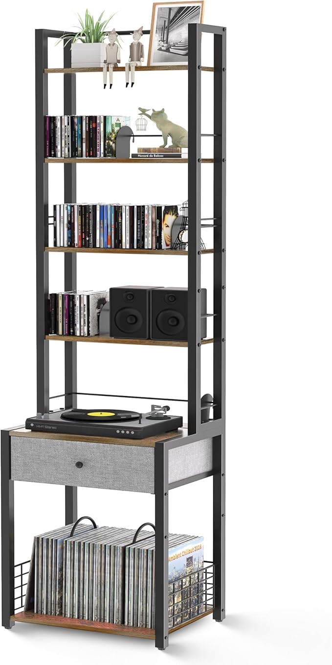 CD Storage Rack, 6-Tier DVD Organizer Shelf with Drawer & Adjustable Book Stoppers, Vinyl Record Holder &Multi-Purpose Media Organizer, Ideal for Living Room/Home Office,15.7x11.8x64.3Inch