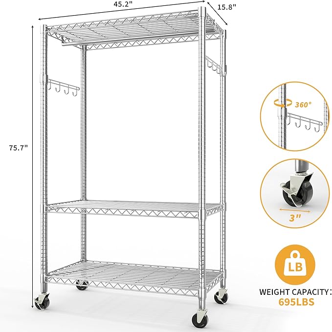 Garvee 3 Tier Clothes Rack with Wheels, Adjustable Shelves & 2 Hanging Rod, Heavy Duty Clothing Rack Closet Organizer Freestanding Wardrobe for Hanging Clothes, 75.6" H x 45.3" W x 15.8" D, Silver