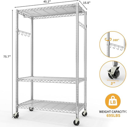Garvee 3 Tier Clothes Rack with Wheels, Adjustable Shelves & 2 Hanging Rod, Heavy Duty Clothing Rack Closet Organizer Freestanding Wardrobe for Hanging Clothes, 75.6" H x 45.3" W x 15.8" D, Silver