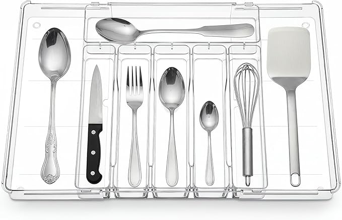 Expandable Utensil Drawer Organizer, Clear Plastic Silverware Tray for Drawers 9 Compartments Adjustable Non-Slip Drawer Storage Organizer forTableware, Knives, Forks, Spoons, Tools, Stationery