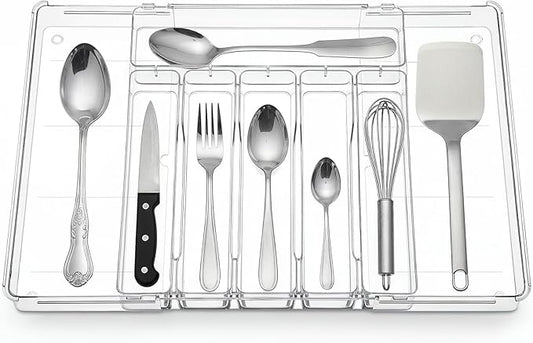 Expandable Utensil Drawer Organizer, Clear Plastic Silverware Tray for Drawers 9 Compartments Adjustable Non-Slip Drawer Storage Organizer forTableware, Knives, Forks, Spoons, Tools, Stationery