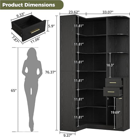 IRONCK Corner Bookshelf, 76" Tall Corner Bookshelves, 6 Tiers L-Shaped Bookcase with 10 Open Shelves and 2 Storage Drawers for Living Room or Home Office
