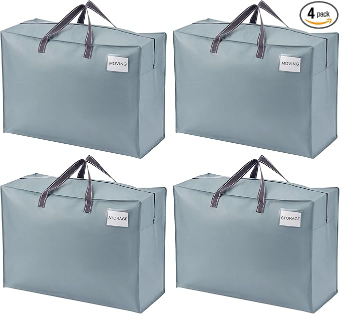 VENO 4 Pack Moving Bags, Christmas Storage Containers, Storage Totes, Zipper On Top, Sturdy, Storage Bags for Camping, Clothes, Bedding, Comforters, Pillows (27 Gallon Light Blue, 4 Pack)
