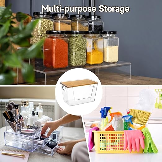 2-Pack Trash Bag Dispenser with Bamboo Top - Stackable Garbage Bag Holder, Acrylic Organizer with Handles for Under Sink Kitchen,Pantry,Laundry Room,Cabinet Organizer