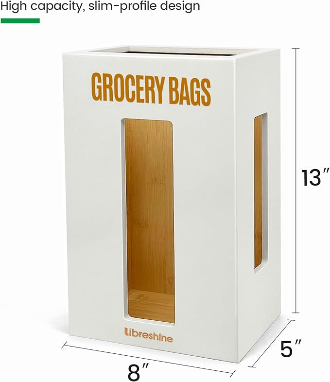 Extra Large White Bamboo Grocery Bag Holder for Plastic Bags, Under Sink Cabinet or Wall Mounted Organizer, Space-Saving Bag Dispenser for Kitchen, Pantry, Laundry Room, Garage
