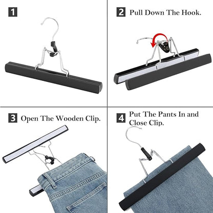AMKUFO 12 Pack Black Wooden Pants Hangers with Clips Non Slip Skirt Hangers Trouser Clamp Hanger Solid Wood Hanger with 360° Swivel Hook