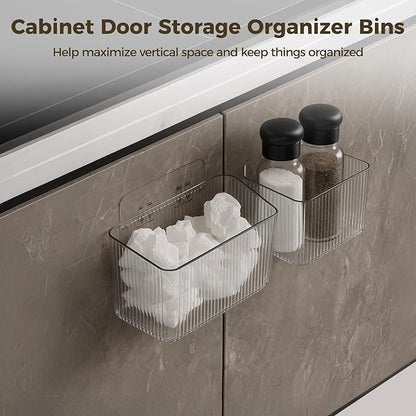 8 PCS Clear Cabinet Door Organizer Bins with Adhesive Hooks, Wall Mount Hanging Storage Baskets with Drain Holes, Plastic Under Sink Drawer Organizers for Bathroom, Kitchen, Pantry, Fridge