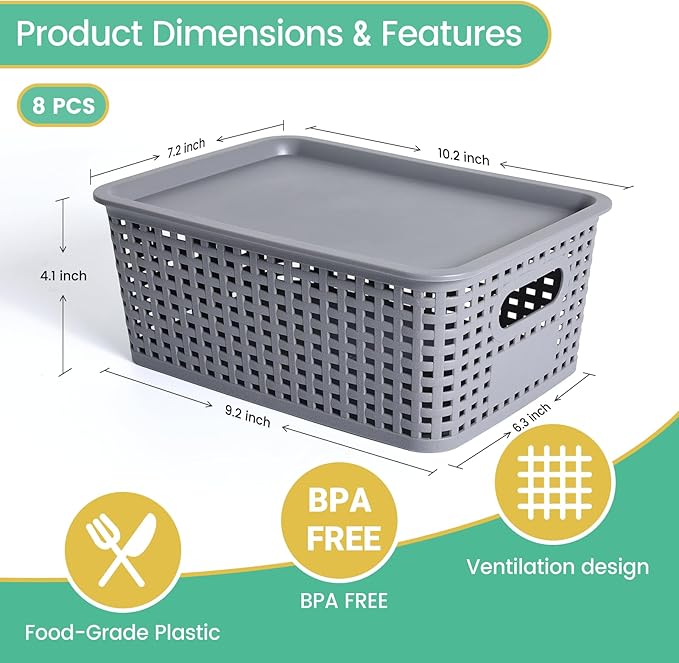 Plastic Storage Baskets with Lid-Plastic Storage Containers Stackable Storage bins: Storage Baskets for Organizing Shelves Drawers Desktop Closet Playroom Classroom Office, 8Pack-Gray,10.2x7.2x4.1Inch