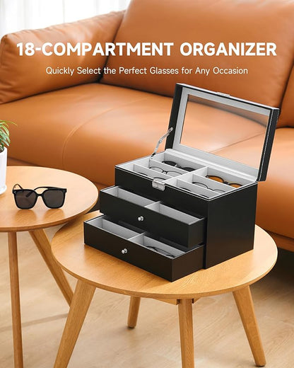 CO-Z Sunglasses Organizer, Leather Eyeglasses Storage Box for Women Men, Lockable Sunglass Display Case Holder with Drawer