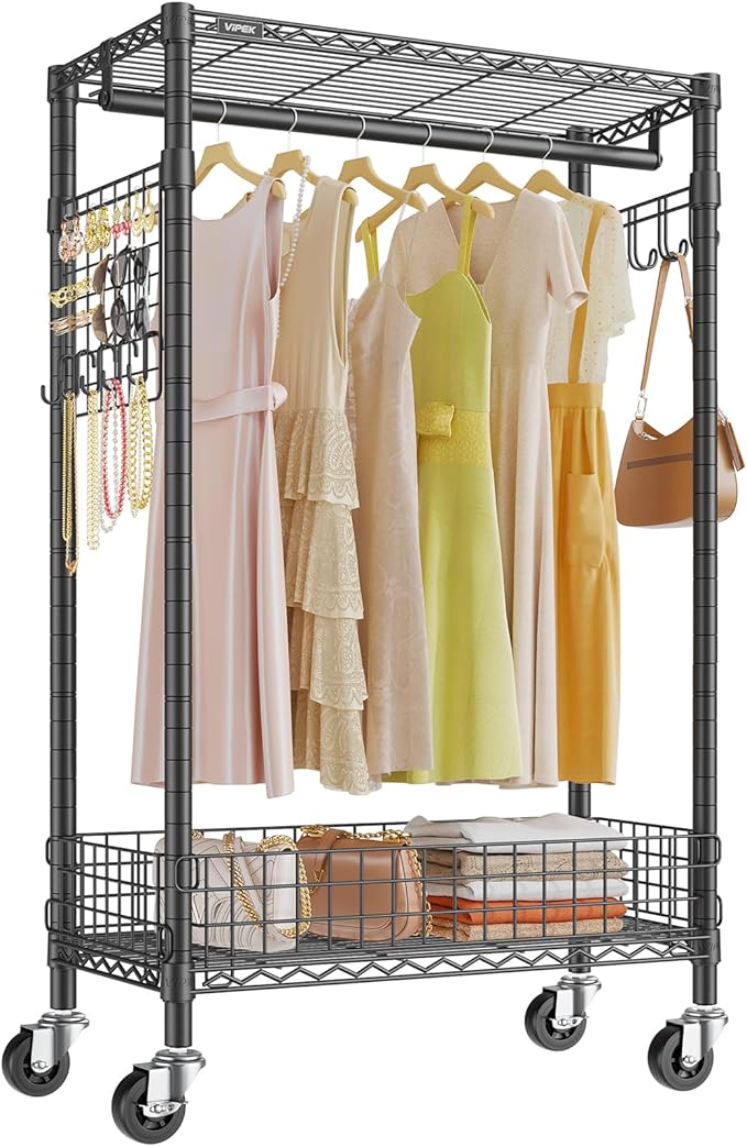 VIPEK R1 Rolling Clothes Rack with Pegboard Organizer Portable Closet for Hanging Clothes with Lockable Wheels & Removable Basket, Compact Clothing Rack for Small Spaces Apartments/Bedroom, Black