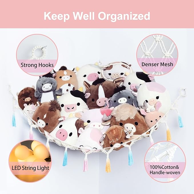 Stuffed Animal Net or Hammock with Light,Yewiwin Macrame Hanging Net Hammock for Stuffed Animal Toy Storage Organizer Boho Decor Room Holder for Nursery Play Room Bedroom (Beige(55"*55"*72"))