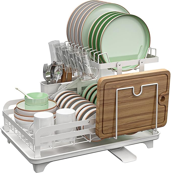 HOISIMDY 2 Tier Dish Drying Rack Automatic Drainage Board Space-Saving for Kitchen Counter with Cups Holder