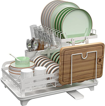 HOISIMDY 2 Tier Dish Drying Rack Automatic Drainage Board Space-Saving for Kitchen Counter with Cups Holder