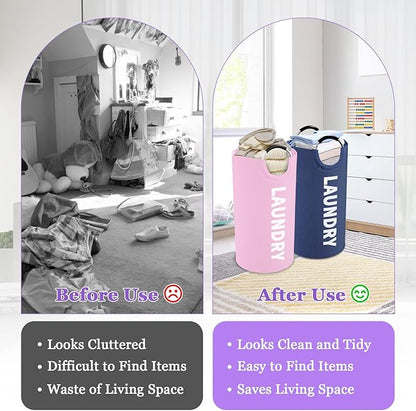 2Pcs Folding Laundry Basket for Adult, 95L Portable Laundry Baskets with Aluminum Handles, Multi-functional Dirty Clothes Hampers for Bedroom, Travel, Navy Blue + Pink
