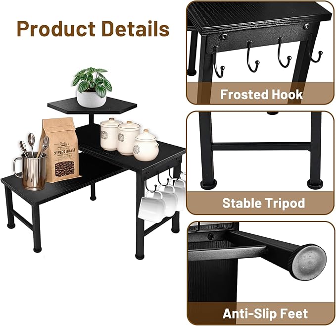 Bathroom Counter Organizer, 3 Tier Moveable Black Corner Shelf with Hook, Countertop Organizer for Bathroom, Dresser Table, Makeup Vanity Desktop,Desk Shelf (Black)