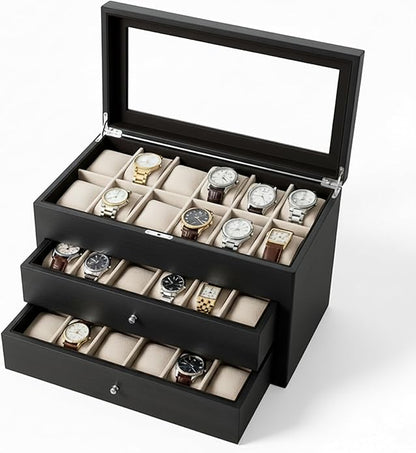 Bey-Berk Custom Personalized Watch Box Organizer - 36 Slot Luxury Solid Wood Designer Display, Large Watch Slots