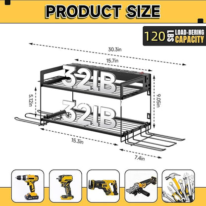 Power Tool Organizer Wall Mount, 2 Layers Heavy Duty 4 Cordless Drill Holder Tool Storage Rack with 8 Power Strip Battery Charging Station,Pliers Screwdrivers Organizer for Garage, Workshop,Tool Room