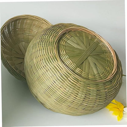 Cabilock Woven Storage Basket with Lid Round Organizer for Eggs Sundries Versatile Home Storage for Kitchen Bedroom Stylish Design