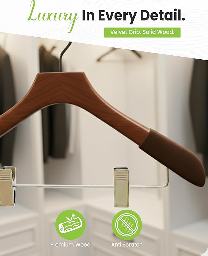 All Hung Up Hangers - Wooden Hangers with Clips for Women, Solid Wood Skirt & Suit Hangers, Heavy-Duty Adjustable Non-Slip Design with Velvet Grip, High Gloss Brown with Brown Velvet, 6 pcs