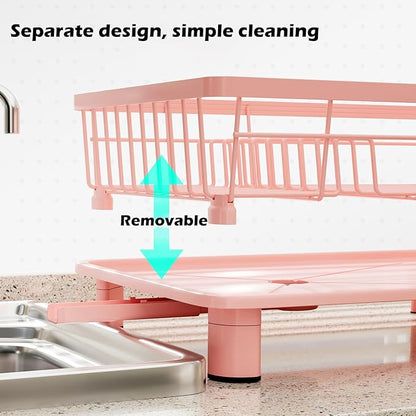 BULIJUJU Small Dish Drying Rack, Space Saving Dish Racks for Kitchen Counter, Kitchen Organizer Dish Drainer with Cutlery Holder for Spoons and Forks, 11''W x 15''L, Pink