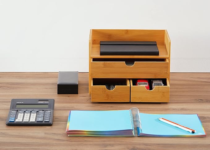RoyalHouse Premium Natural Bamboo Desktop Organizer, Attractive Design 3 Tier, Table Top Storage for Documents & Office Supplies, Accessories And More, No Assembly Required (3 Drawer with Shelf)