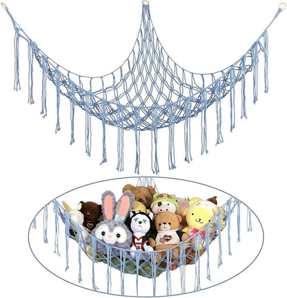 Stuffed Animal Hammock Corner, Hand-knitted Large Plushie Net Toy Hammock with Wooden Rings | Boho Cute Stuff Animal Storage for Nursery & Bedroom | Mesh Kids Toy Organizer Holder Nursery Room Decor