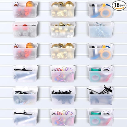 Unittype 18 Pcs Slat Wall Bins Slat Wall Accessories Storage Bins Plastic Containers Organizer for Garage Craft Room Tool Shed Workshop(Clear)