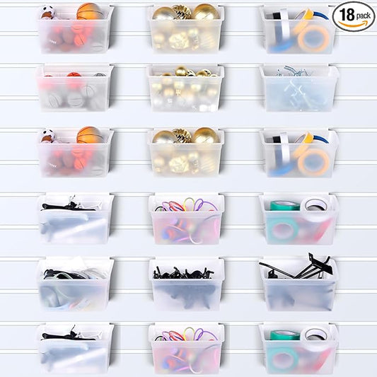 Unittype 18 Pcs Slat Wall Bins Slat Wall Accessories Storage Bins Plastic Containers Organizer for Garage Craft Room Tool Shed Workshop(Clear)