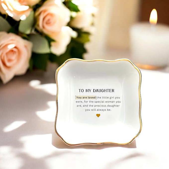 HatafaFurni Ring Dish Holder for Daughter from Mom, To My Daughter Ceramic Jewelry Trinket Dish, Daughter Gifts from Mom for Graduation Christmas Wedding - You Are Loved For the Little Girl You Were