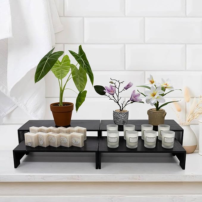 4Pcs Large Display Riser Wood Risers Cupcake Display Stand 2 Tier Racks Rectangular, 2 Set Perfume Decorative Display Dessert Stands for Vendors Event (Large/2Pack Black)