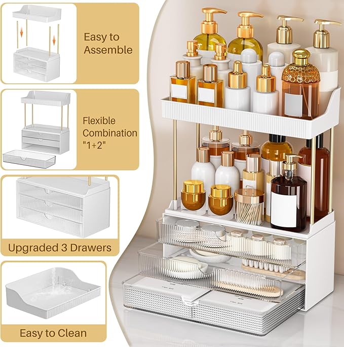 caktraie 5 Tiers Bathroom Counter Organizer - 3 Drawers Makeup Organizer, Cosmetic Storage Drawer for Dresser Countertop and Bathroom Vanity for Large Skincare, Perfume, Clear