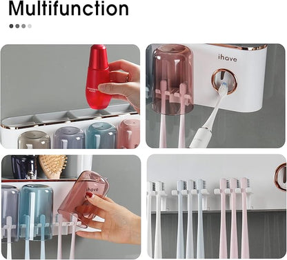 iHave Toothbrush Holders Bathroom Accessories with Toothpaste Dispenser, 4 Cups Toothbrush Holder Wall Mounted Bathroom Decor