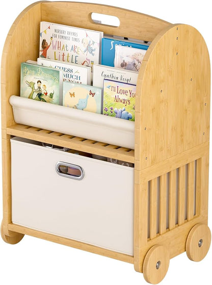 2-Sided, 3-Tier Bamboo Kids Bookshelf, Montessori Shelf with Safe Wheels and Large Storage Drawer, Toddler Bookcase Nursery Book Shelves and Toy Storage for Baby Rooms Playroom Kindergarten