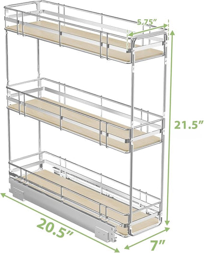 ROOMTEC 3-Tier Pull Out Cabinet Organizer Spice Rack for Narrow Cabinet 7" W x 20½" D, Slide Out Wood Shelves Storage for Kitchen