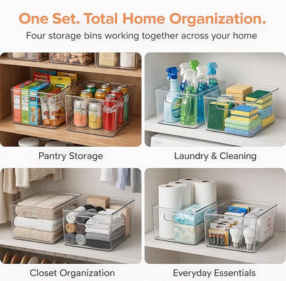 MOONEDGE Large Clear Plastic Storage Bins 4 Pack, 12" x 8" x 6" Stackable & Durable Organizers for Kitchen, Pantry, Refrigerator & Bathroom – Food Safe, Easy to Clean, Ideal for Home Organization
