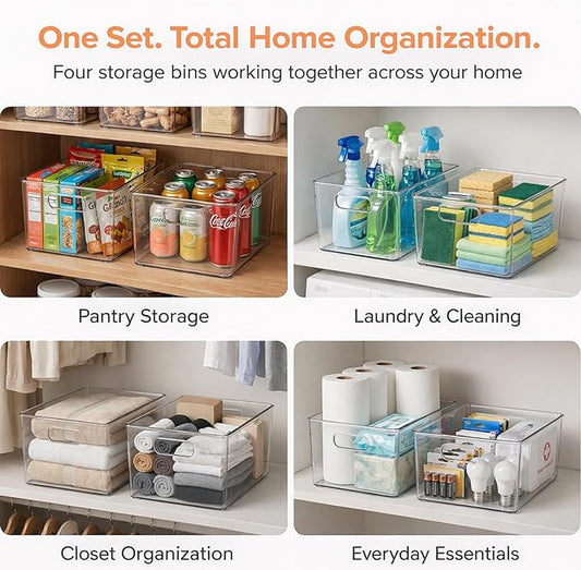 MOONEDGE Large Clear Plastic Storage Bins 4 Pack, 12" x 8" x 6" Stackable & Durable Organizers for Kitchen, Pantry, Refrigerator & Bathroom – Food Safe, Easy to Clean, Ideal for Home Organization