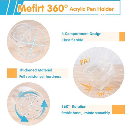 Acrylic Pen Holder, 360 Degree Marker Organizer for Desk, Rotating Desk Storage With 4 Compartments, Art Supply Crayon Holder for Office School Home, Clear