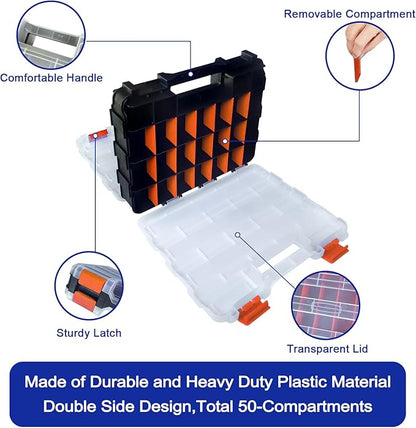 Tools Organizer Box Small Parts Storage Box 50-Compartment Double Side Hardware Organizers with Removable Plastic Dividers for Screws, Nuts, Nails, Bolts, Orange