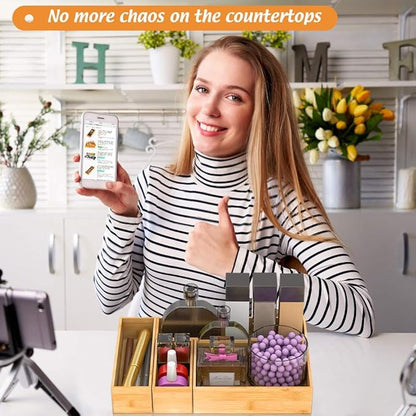 Bamboo Drawer Organizer Utensil Holder for Kitchen, Small Wood Silverware Storage Organizer, Stackable Box Tray for Cutlery, Flatware, Bathroom Caddy for Makeup, Perfume, Jewelry, 6x3x2.5 Inch