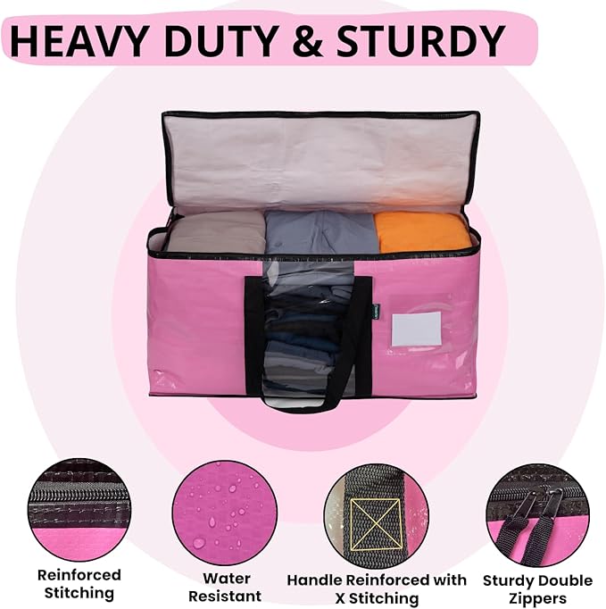 LALABAG 6-Pack Extra Large Heavy Duty Moving Bags with Zippers & Reinforced Handles - Pink Clothes Storage Bags, Oversized Packing Totes for Moving & Organizing